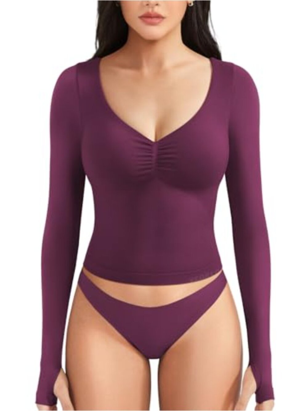Long Sleeve Padded Deep V Neck Crop Top Women Workout Gym Athletic Yoga